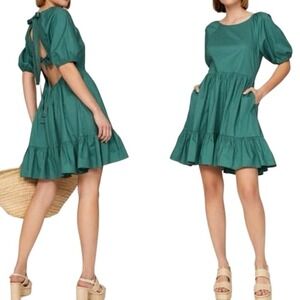PETER SOM Green Puff Sleeve Bow-Tie Back Puff Sleeve Mini Dress - Sz 6